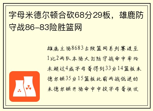 字母米德尔顿合砍68分29板，雄鹿防守战86-83险胜篮网