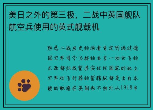 美日之外的第三极，二战中英国舰队航空兵使用的英式舰载机